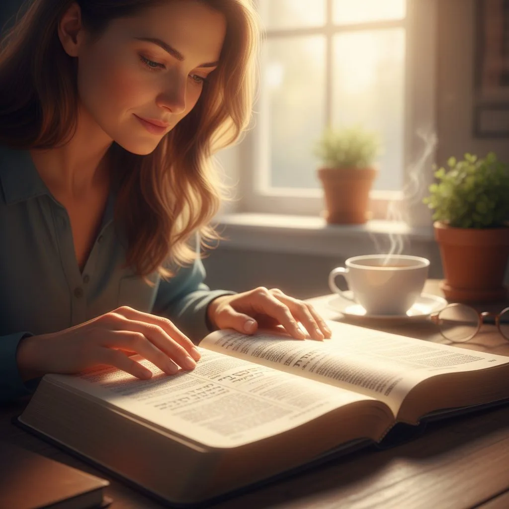 A woman engaged in a deep anxiety bible study, finding comfort in foundational scripture for worry and stressful thoughts.