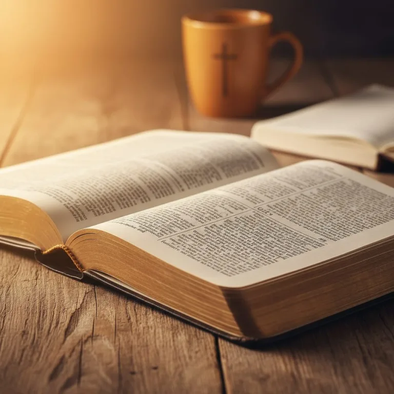 An open Holy Bible, representing the scripture of christianity, resting on a wooden table with soft light illuminating its...