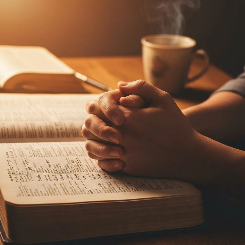 A person's hands clasped in a simple prayer for bible study over an open Bible, seeking understanding of the scriptures.