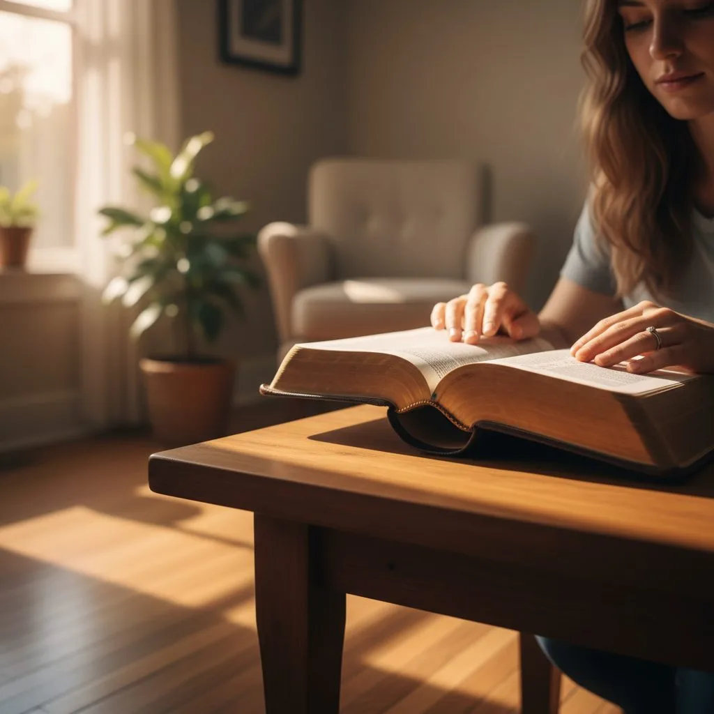 Strengthening Faith Verses for When You Feel Anxious A woman finds comfort from anxiety by reading strengthening verses faith in her Bible in a quiet, sunlit room.