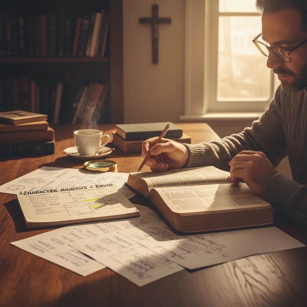 A person using notes and a Bible to do a character analysis, a key technique for an effective the study of bible.