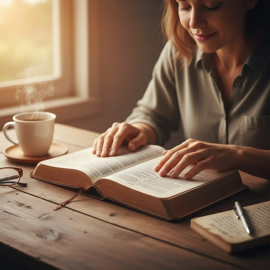 A person engaged in the study of bible using the prayerful Lectio Divina method, with an open scripture and reflective pos...