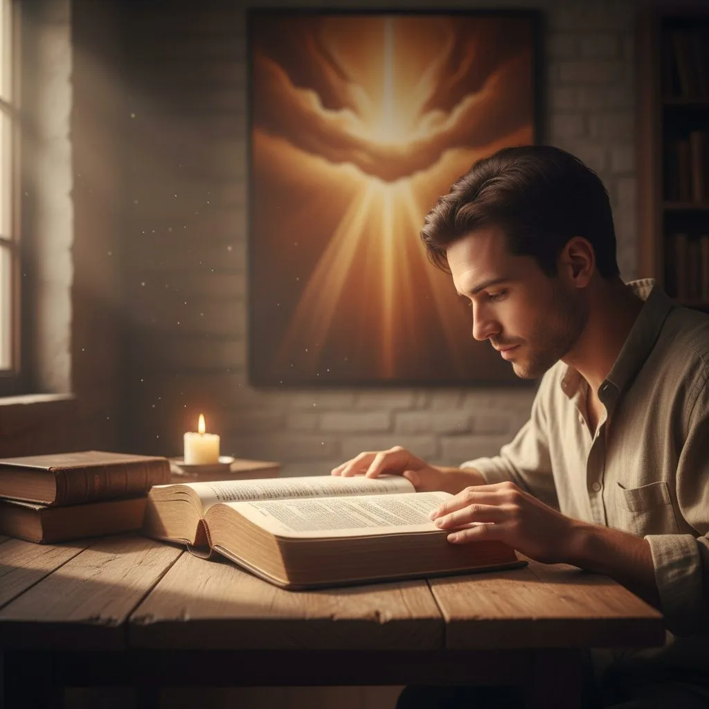 god and bible - A person carefully studying an open Bible to better understand the nature of God and the Bible's teachings on
