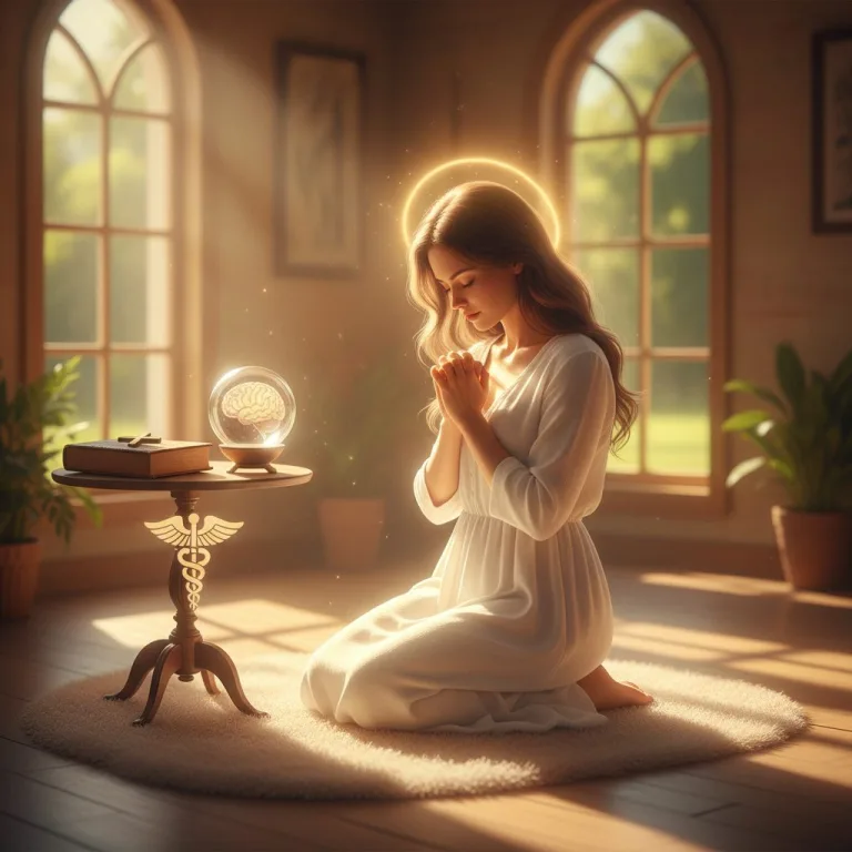 A woman experiencing gods healing through peaceful, sunlit prayer, representing a holistic restoration of mind, body, and ...