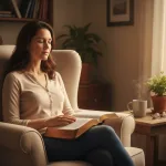 A woman finds spiritual connection through her daily prayer and bible study, sitting quietly in a comfortable chair with h...