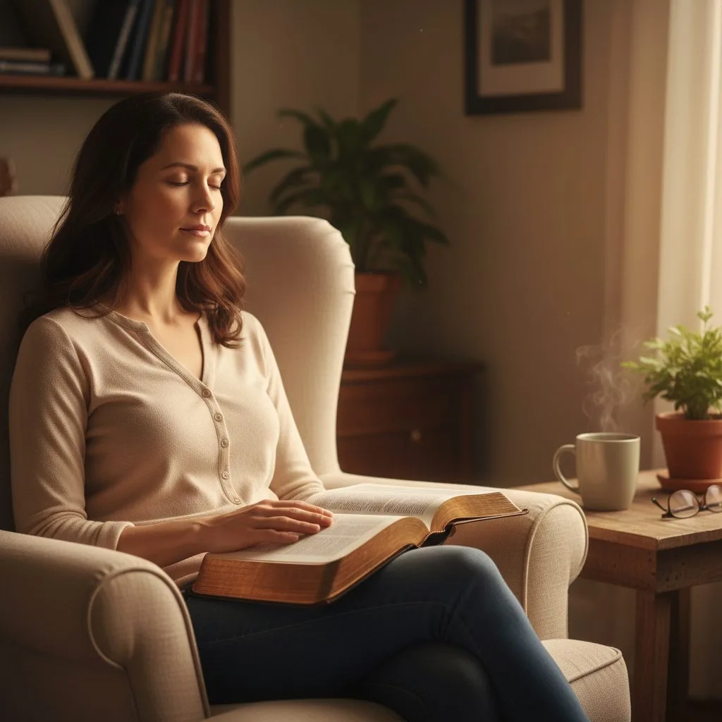 Fulfilling Your Soul’s Craving for Daily Prayer and Bible Study A woman finds spiritual connection through her daily prayer and bible study, sitting quietly in a comfortable chair with h...