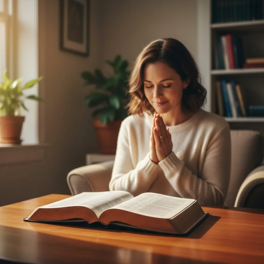 Finding Hope and Strength Through Faith in Prayer Scripture A woman sitting in a quiet room, finding hope and building her faith in prayer scripture as she reads her Bible during a m...