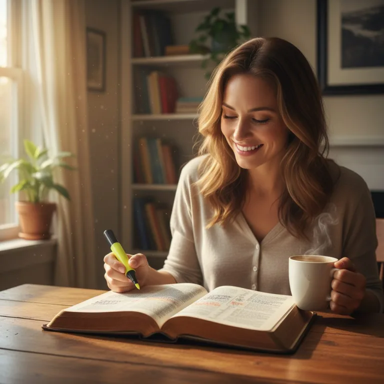 A woman smiling as she engages in a deep study of scripture, highlighting the transformation from duty to delight in readi...