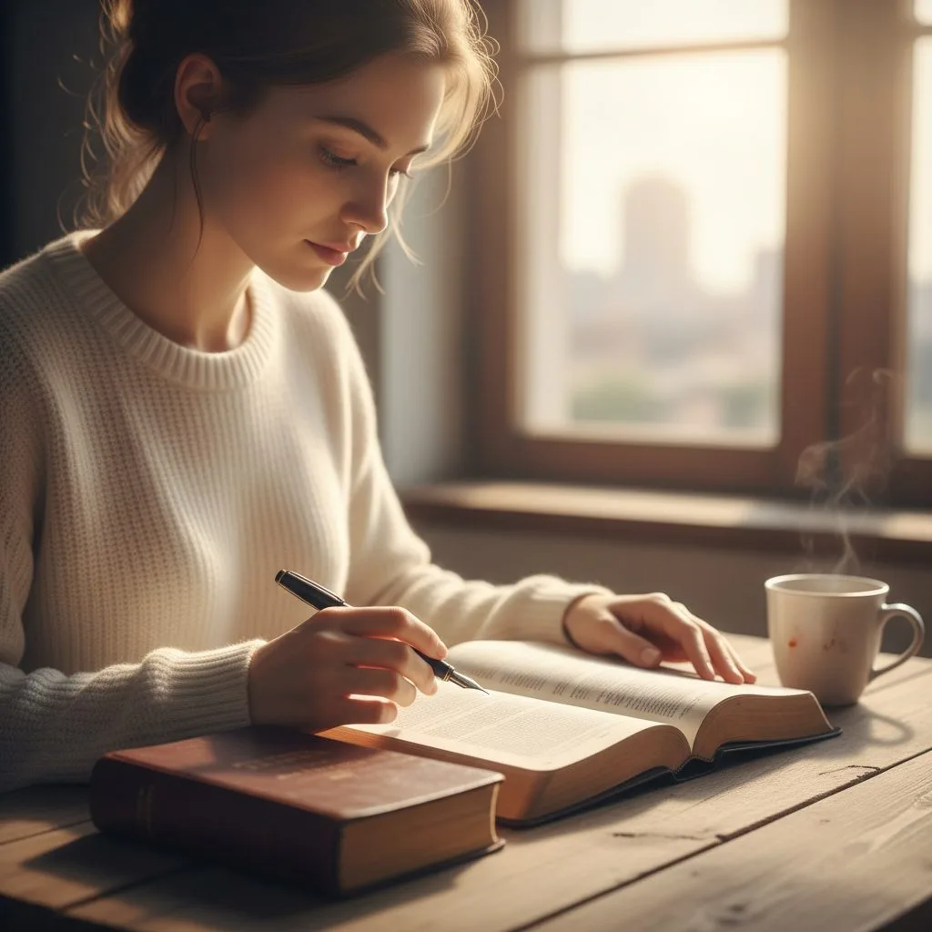 A Christian woman with a peaceful expression reflects on living a life one for god while journaling with her Bible.