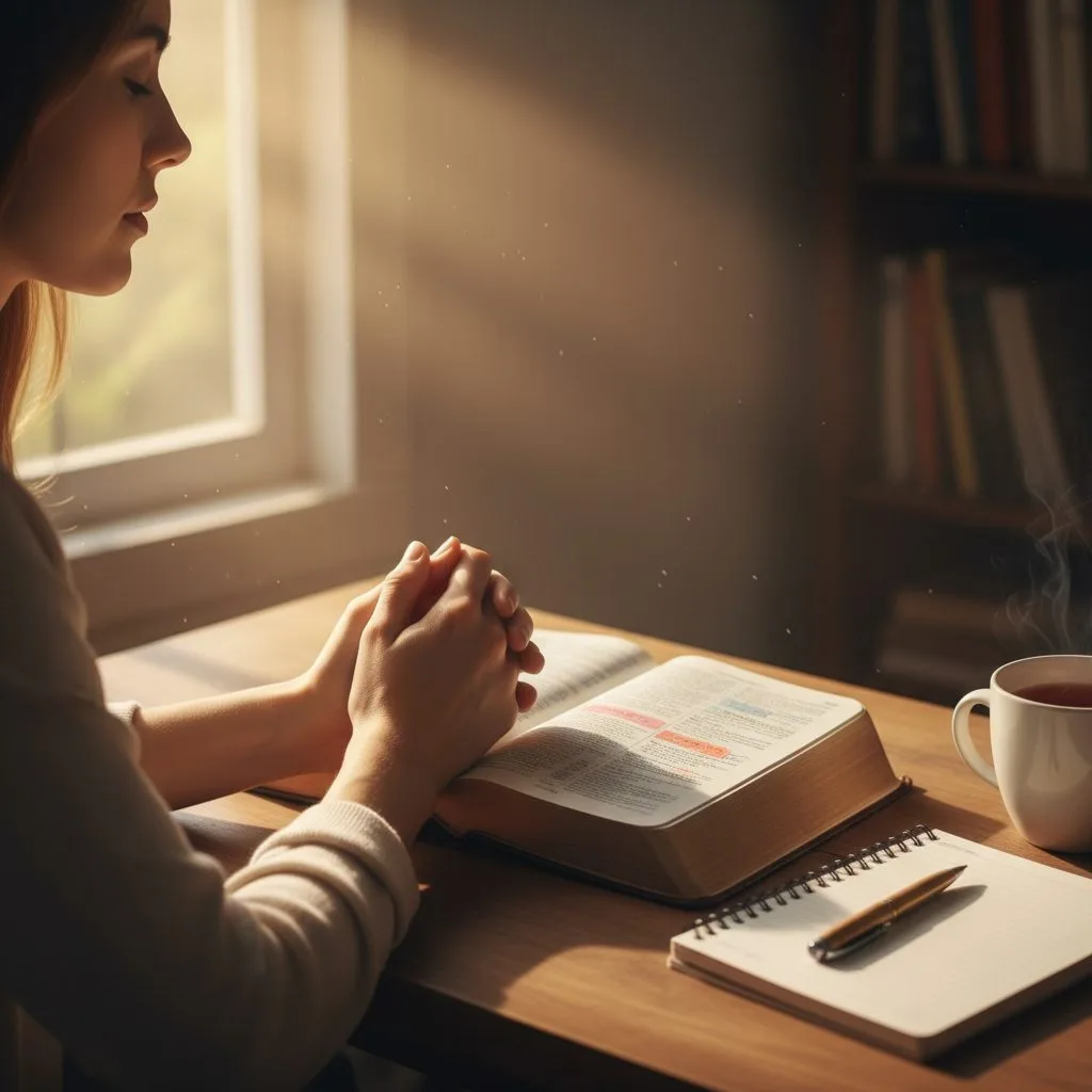 A woman with her Bible and journal open, pausing with her hands clasped to pray before bible study, inviting God's presence.