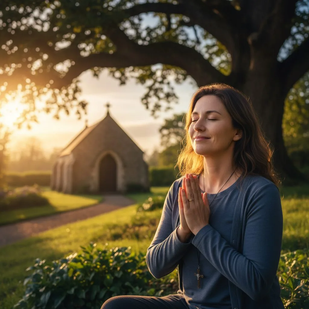 Finding Peace for an Anxious Heart by Praying for Fear A woman with a peaceful expression is praying for fear, finding solace and overcoming her anxious and worried heart throug...