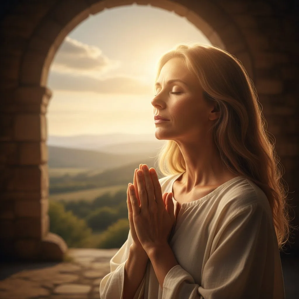 A woman with eyes closed in prayer, demonstrating how a strong faith and God connection is built through direct communicat...