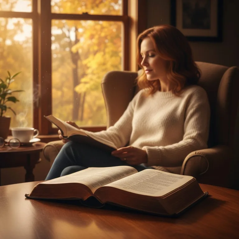 A woman sitting by a window, finding solace by reading calming verses from her Bible to find relief from overwhelming stress.