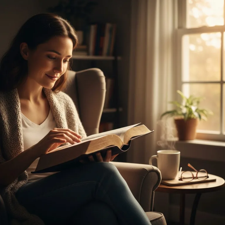 A woman finds comfort from feeling overwhelmed bible verses while reading her Bible in a quiet, sunlit room, finding hope ...