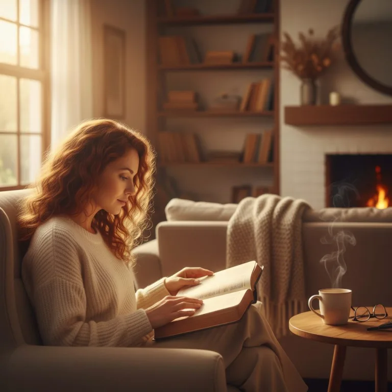 A woman sits in a comfortable chair, finding solace and peace by reading good scripture for anxiety from an open Bible on ...