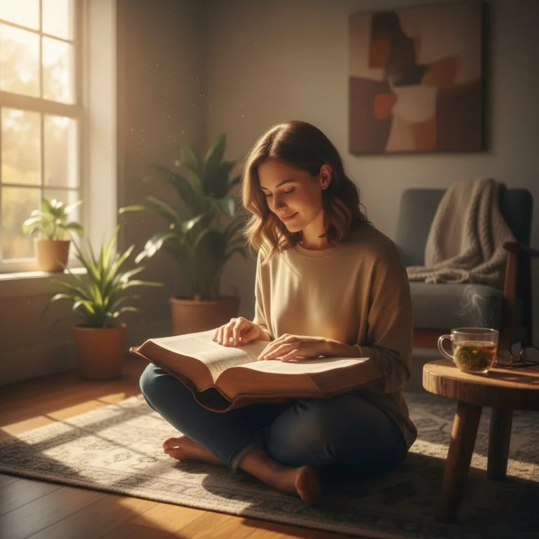 A woman sits in a quiet, sunlit room reading her Bible, using scripture to help anxiety and find God's peace in a moment o...