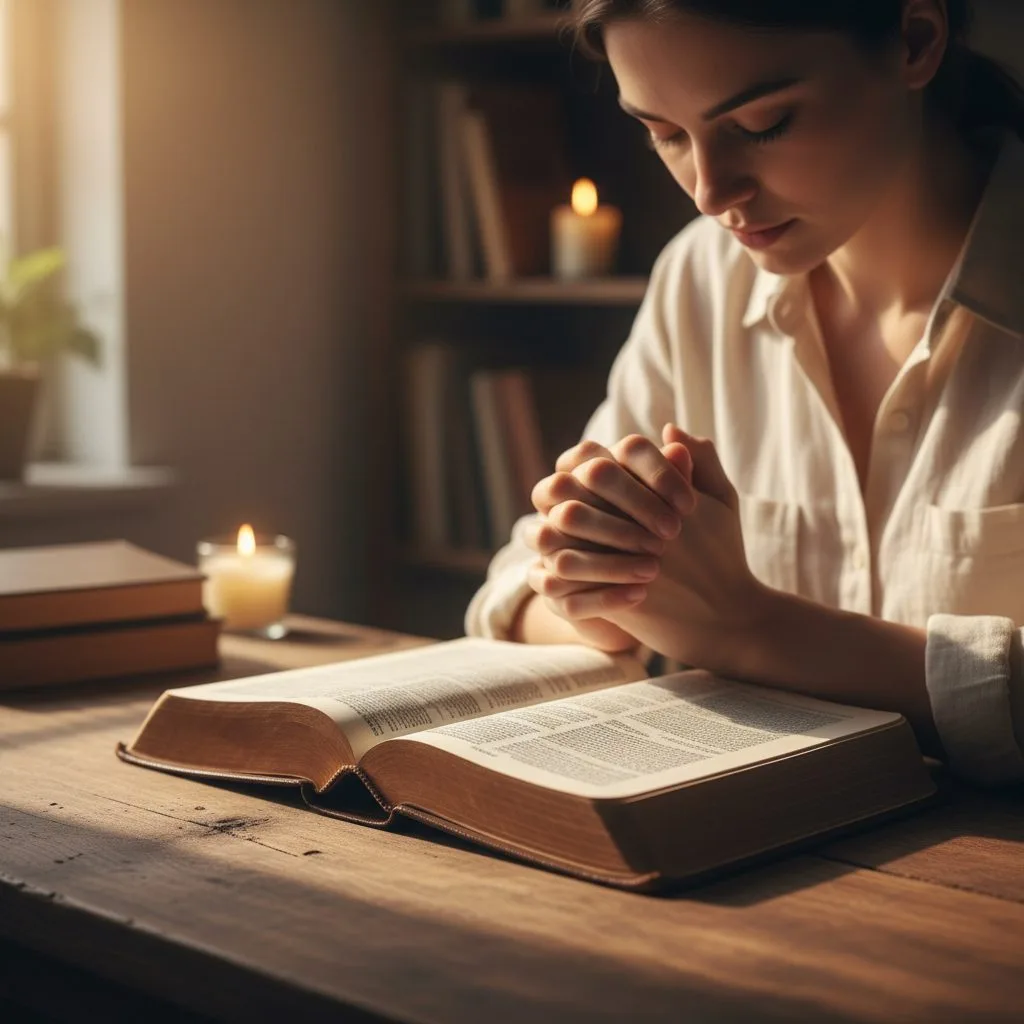 A woman with her hands clasped, saying a prayer for bible study before she begins reading the Holy Scripture.