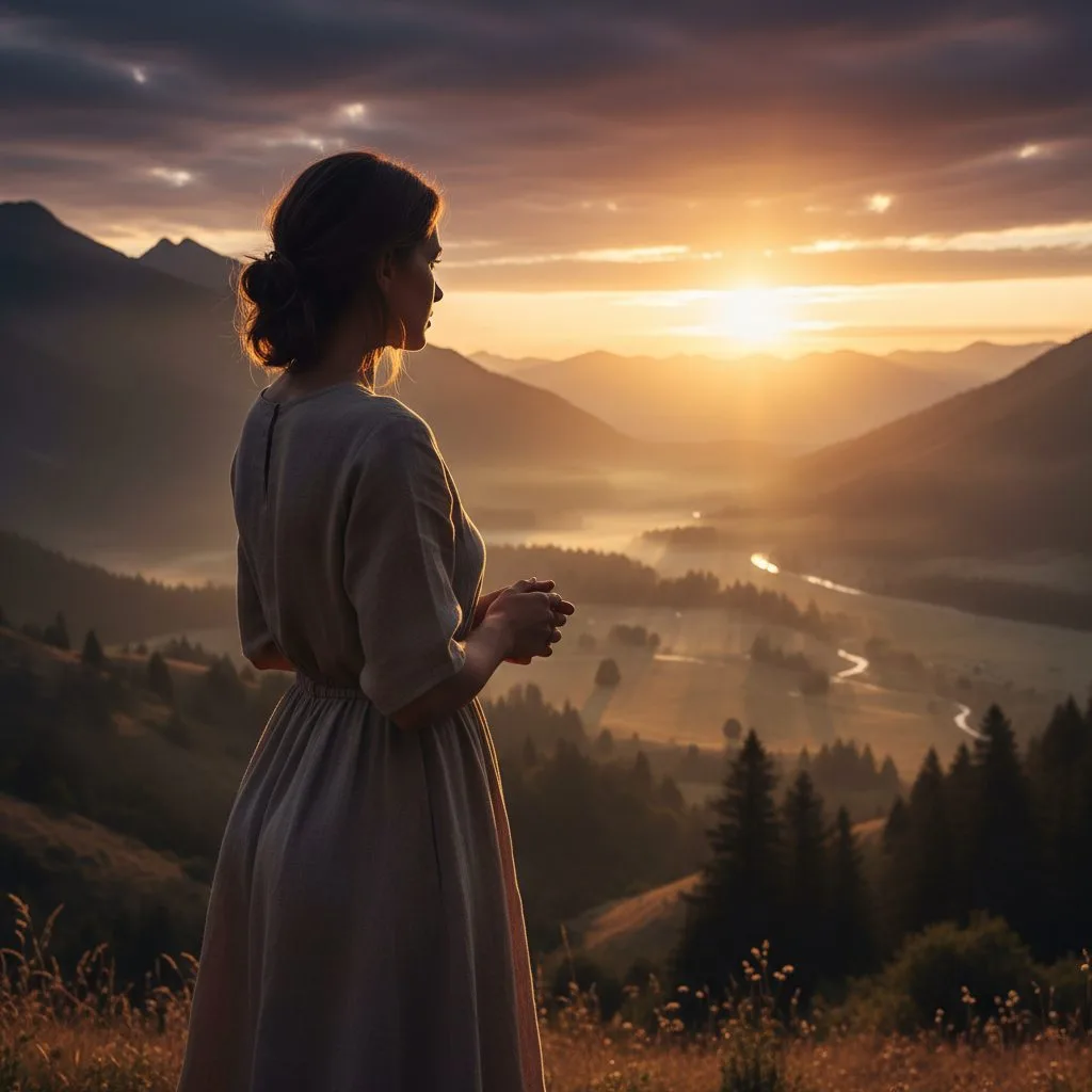 A thoughtful woman considers her deep desire to live one for god while watching a beautiful sunrise over a valley.