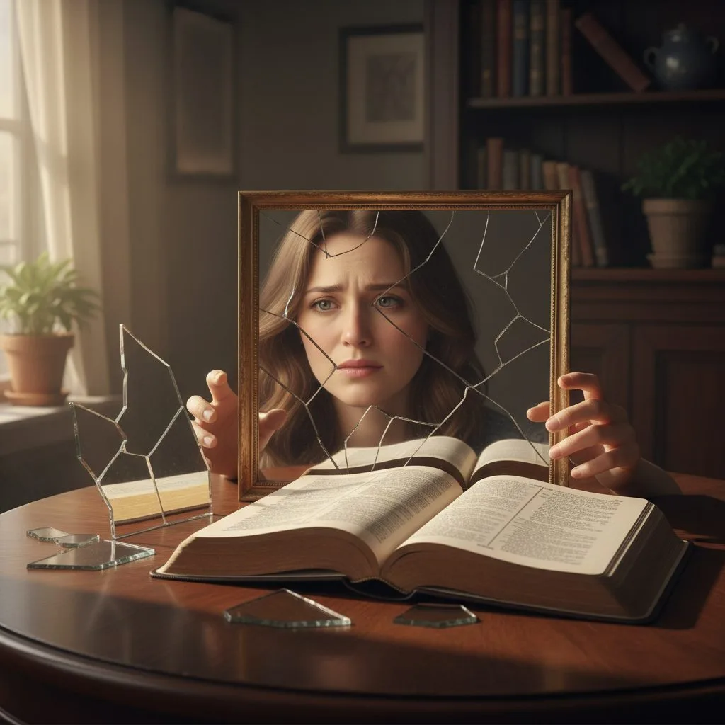 A woman looks at her fractured reflection in a shattered mirror, illustrating the need for bible scripture on identity.