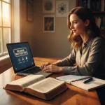 A woman feels empowered while using a laptop to access bible study tools free online, alongside her open Bible and journal.