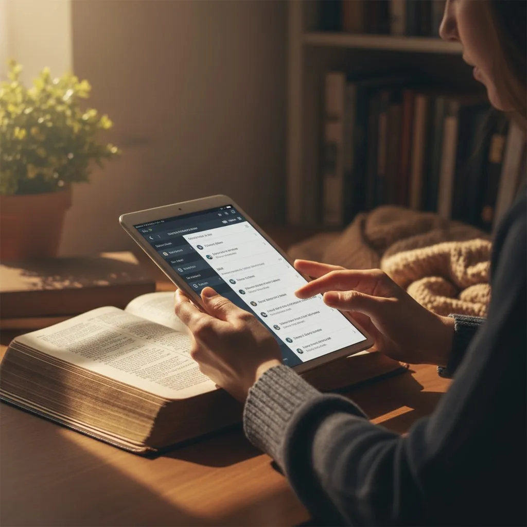 A woman uses her tablet to access bible study tools free online, deepening her faith through digital resources and scriptu...