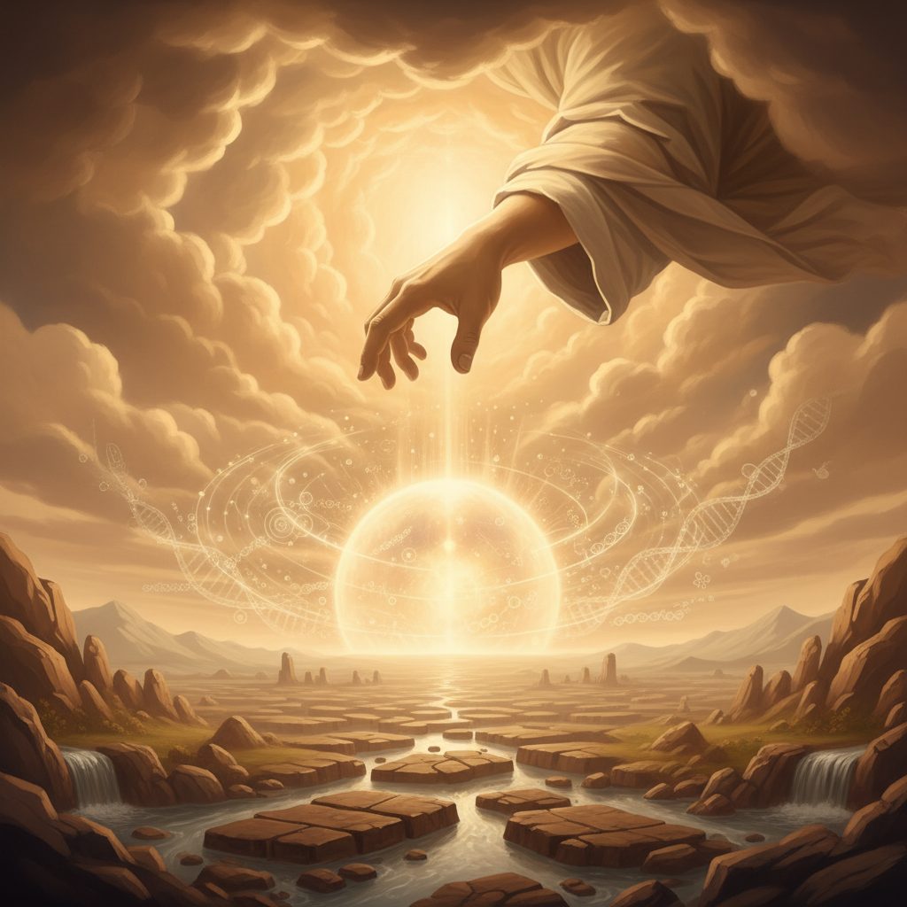 A classic artistic Christianity picture showing God the Father's hand reaching from the heavens, symbolizing creation and ...
