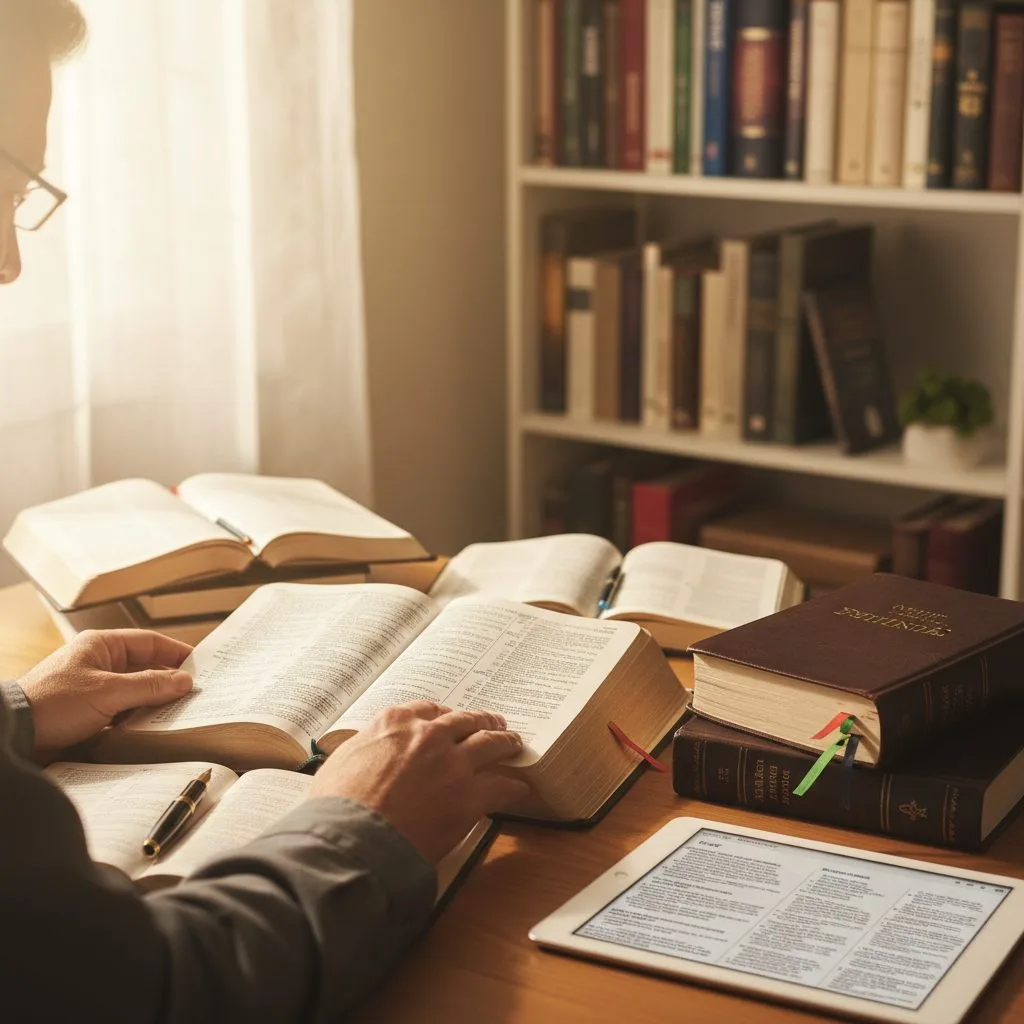 A person comparing different types of study Bibles to find a reliable source for in-depth bible information.