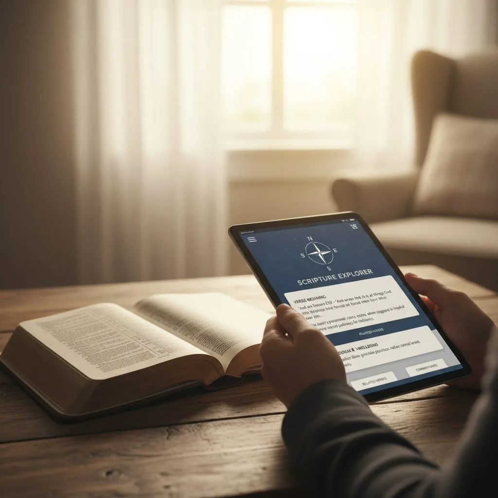 A person using a digital tablet with a Bible study app open to access detailed bible information and find scripture meaning.