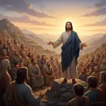 An inspiring illustration depicting a key moment in the life of Christ: Jesus delivering the Sermon on the Mount to a dive...