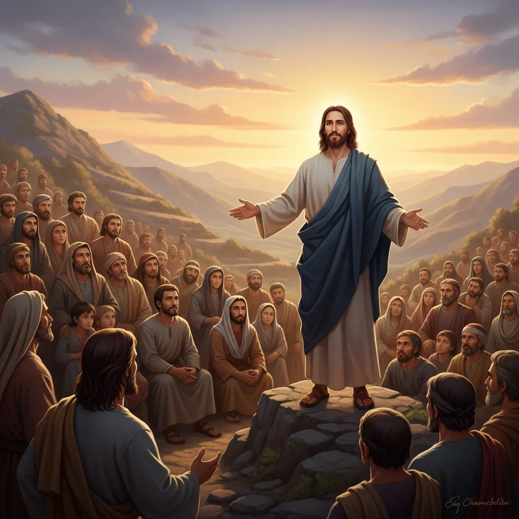 An inspiring illustration depicting a key moment in the life of Christ: Jesus delivering the Sermon on the Mount to a dive...