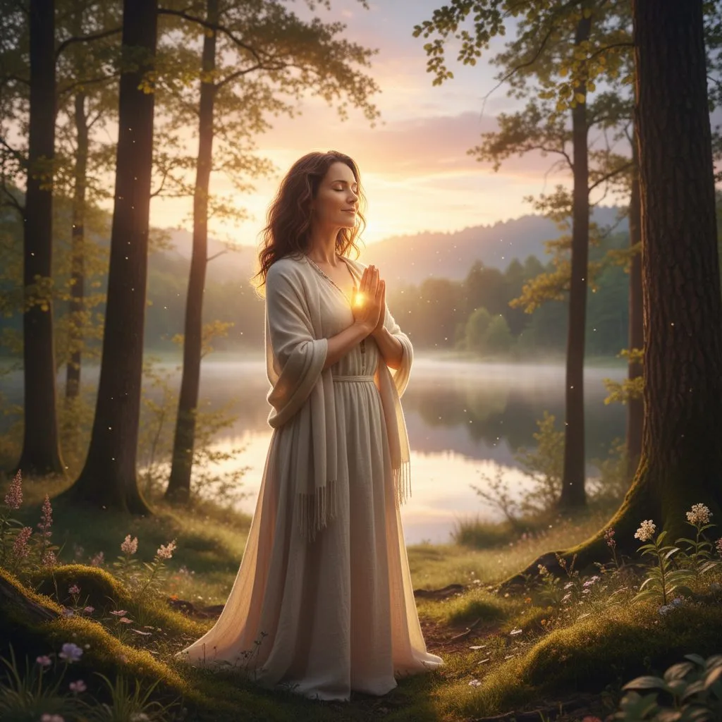 A serene woman shows how prayer is life by finding peace in nature, a practice that helps calm an anxious nervous system.