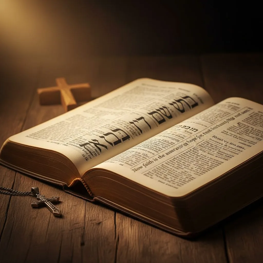 An open Bible showing scripture regarding faith in God's promises, with a soft light illuminating the sacred text.