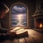 A person finds hope by reading scripture regarding faith while looking out at a dark, stormy sea, symbolizing overcoming f...
