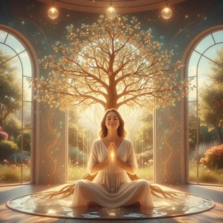 A joyful woman experiencing how prayer is life, sitting in a serene, sunlit room, which illustrates a vibrant, life-giving...