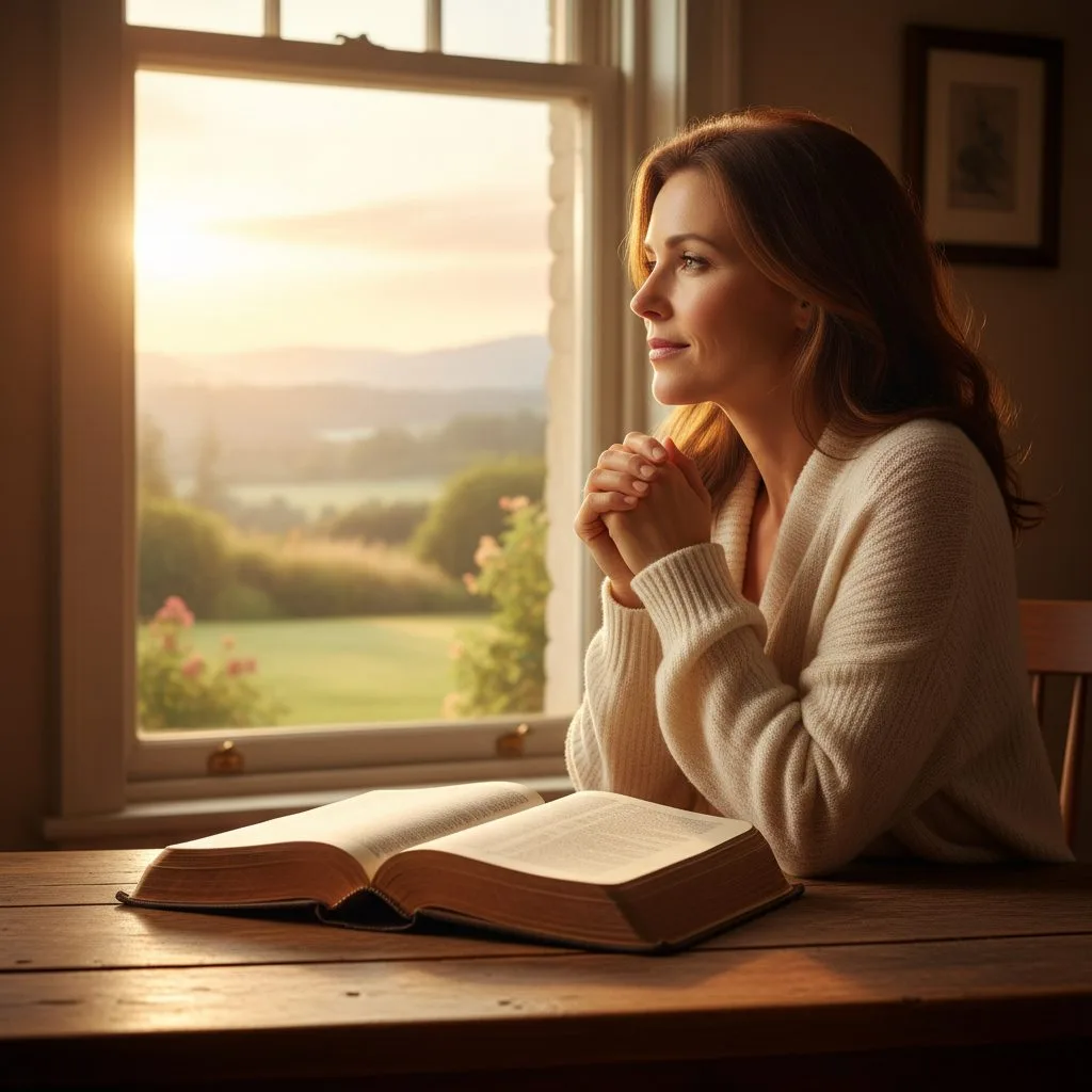 Woman looking peacefully out a window after reading her Bible, illustrating that prayer is life and a way to renew your mind.