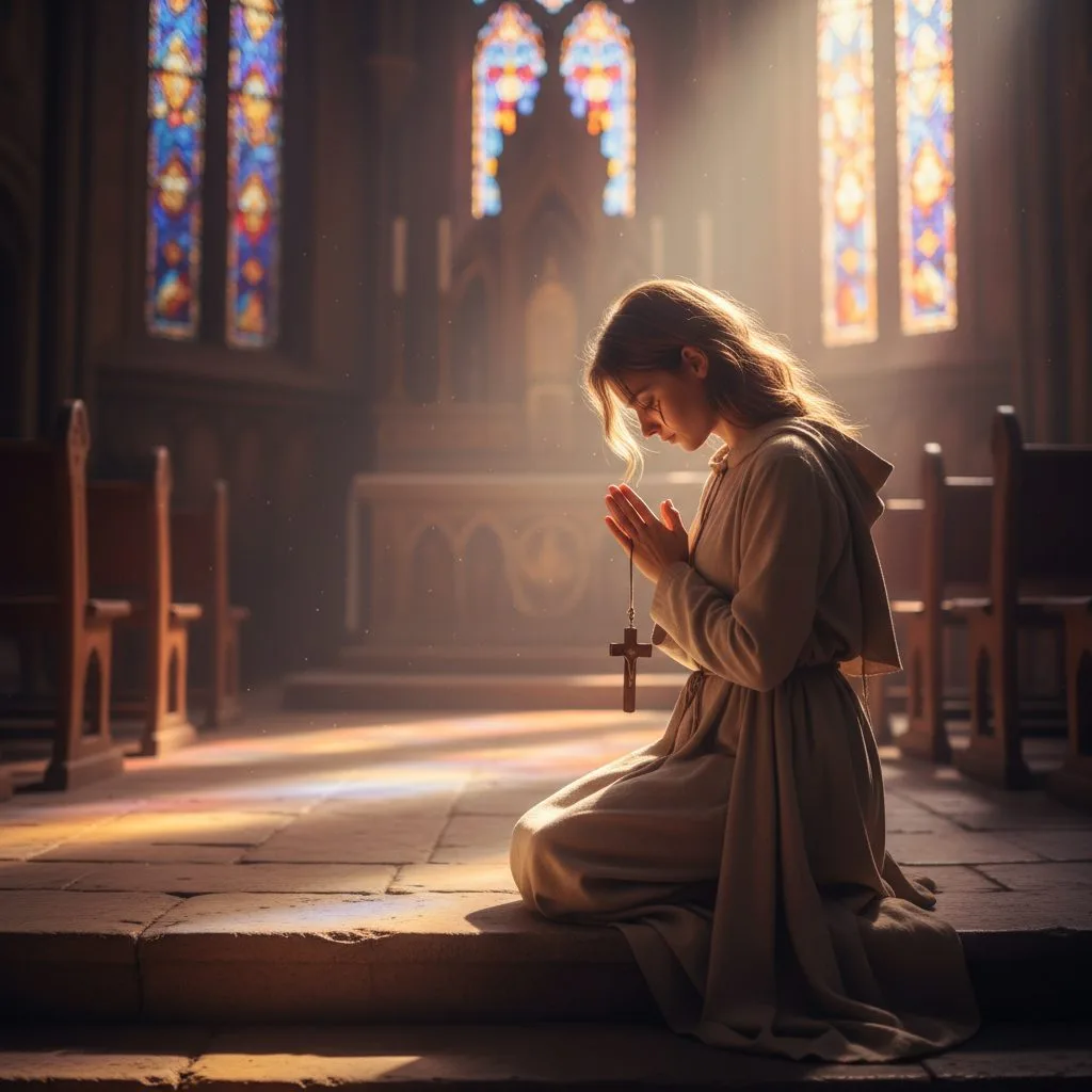 A person kneeling in humble prayer, demonstrating one of the key purposes of prayer: finding freedom through confession.