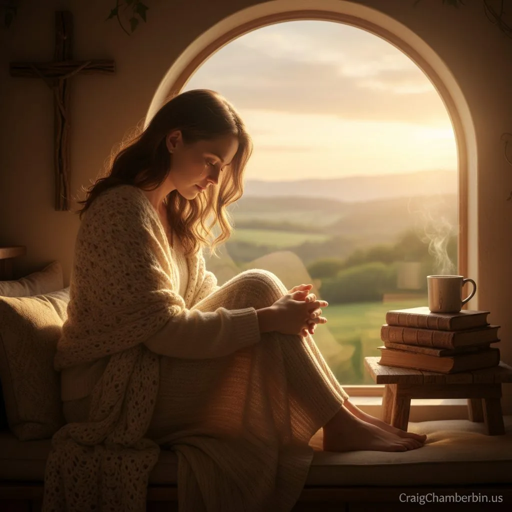 A woman embraces honesty in her prayer life through the spiritual practice of lament, sitting reflectively by a window.