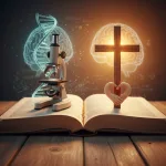 Conceptual image for a science bible article, showing a split view of a microscope and DNA on one side and a cross on the ...