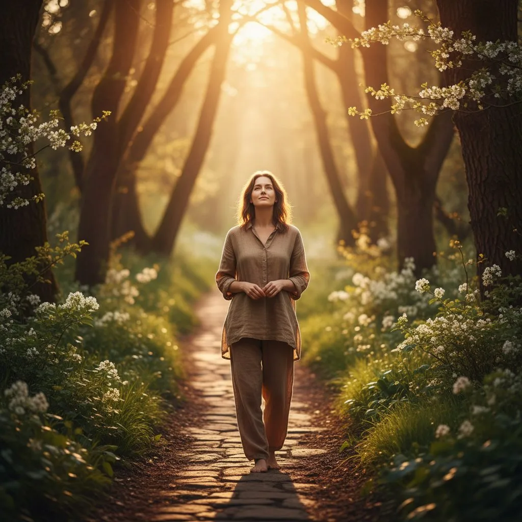 A hopeful person stands at the beginning of a path, representing the start of a transformative life with Christ.