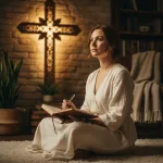 Illustrating the role of a woman in christianity, a pensive woman sits with her journal, seeking her God-given purpose.