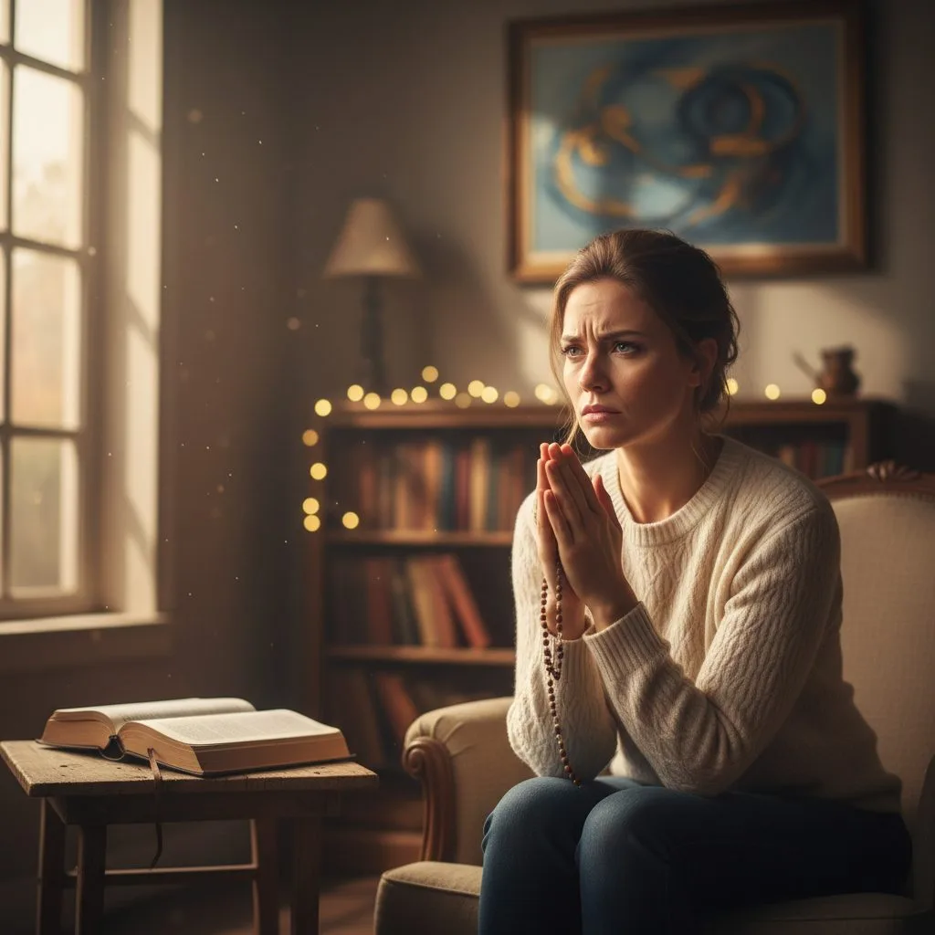 A woman with a concerned expression struggling to focus on her daily prayer life, sitting in a quiet room.