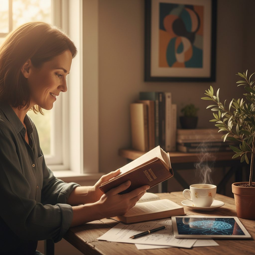 A person applying bible teachings by thoughtfully studying the scriptures for the renewing of their mind.