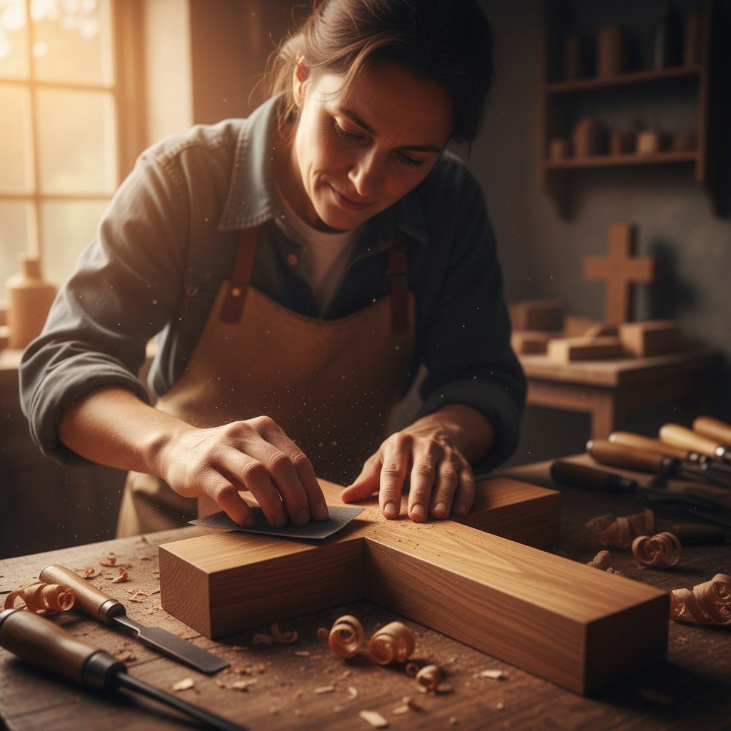 A focused craftsperson diligently sanding a wooden cross, illustrating the concept of performing godly work with wholehear...