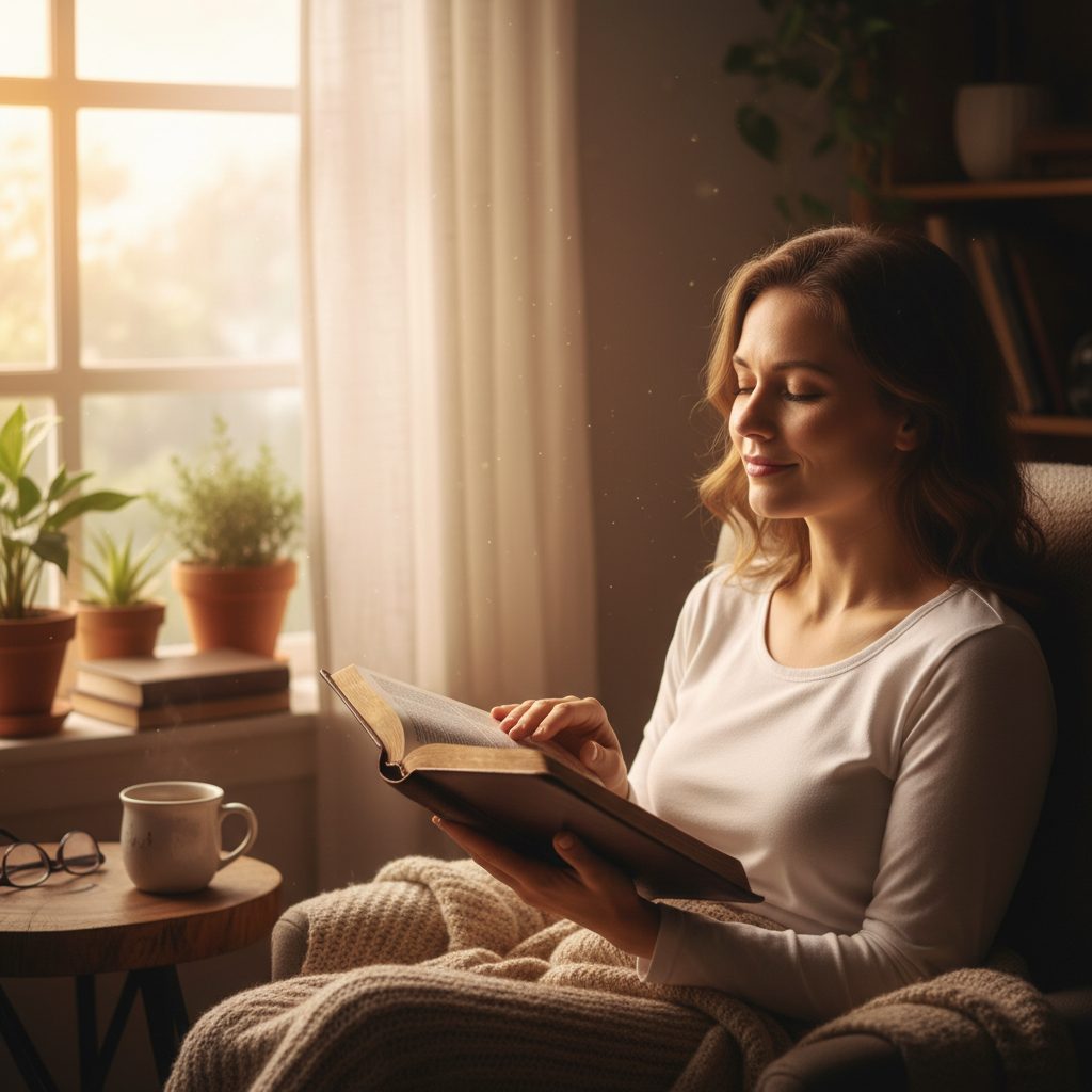 A woman finds peace while reading her Bible, reflecting on a good scripture for anxiety from the book of Philippians.