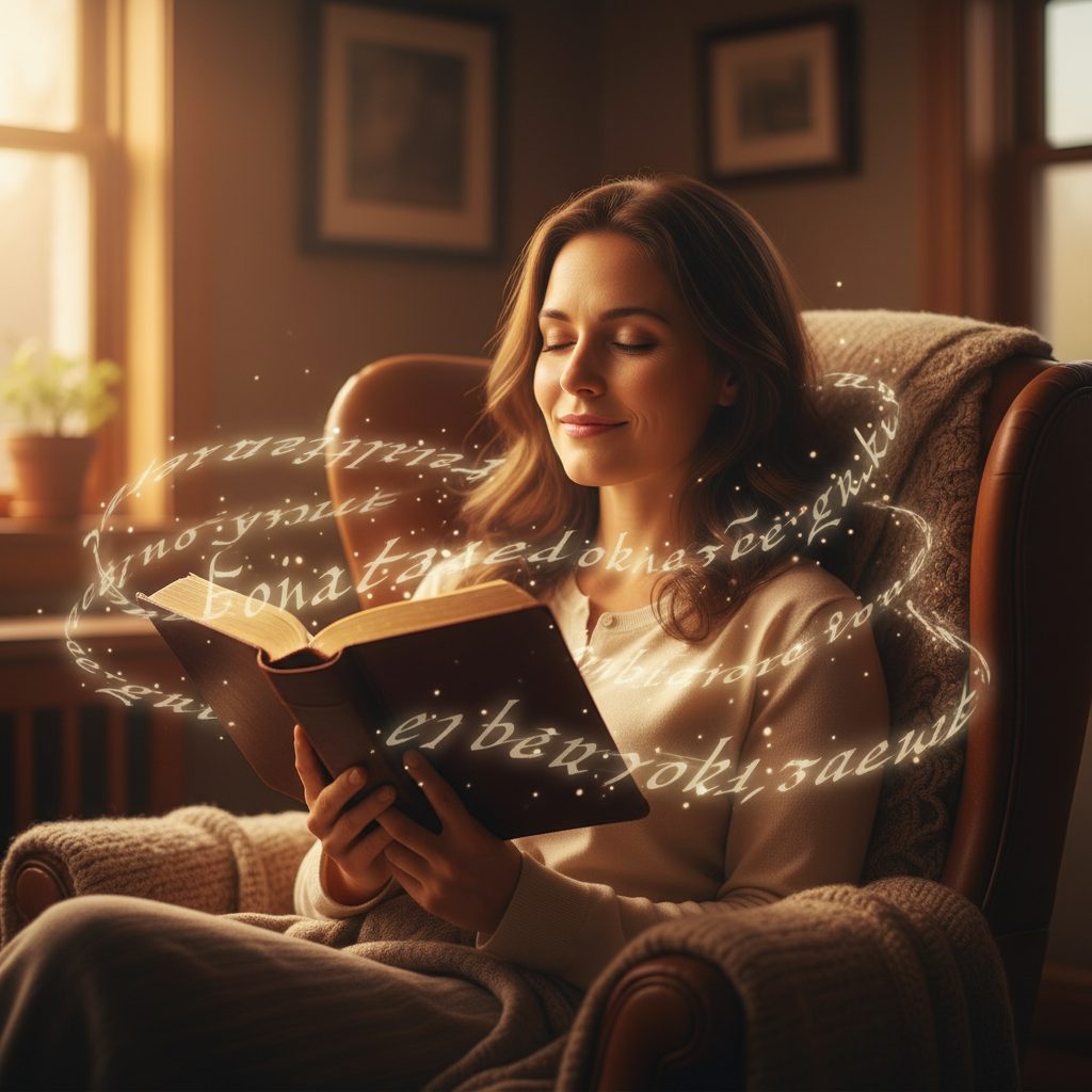 A woman finds peace by reading being overwhelmed bible verses in her Bible, illustrating the rest found in Christ's divine...