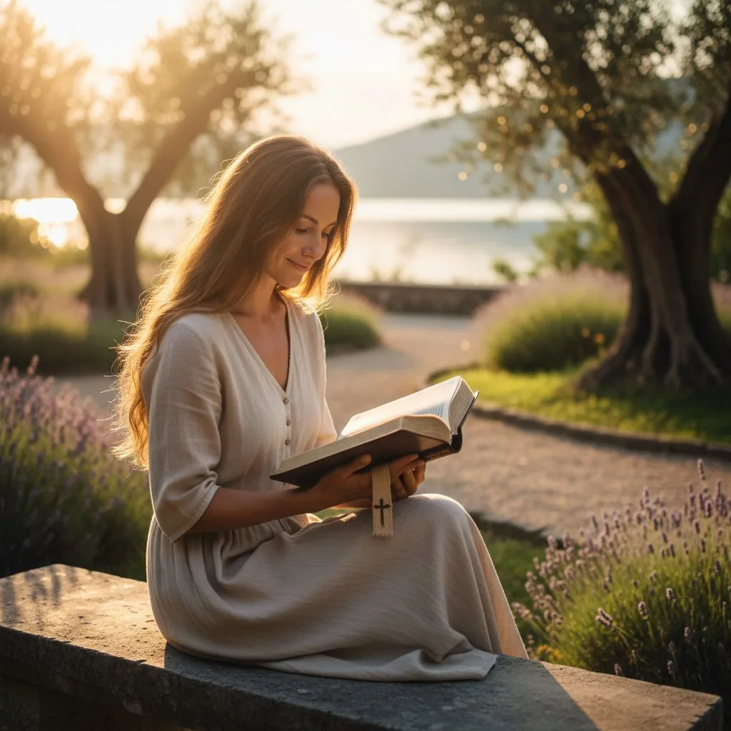 A woman finding peace by reading feeling overwhelmed bible verses in a quiet, serene outdoor setting, reflecting on 1 Pete...