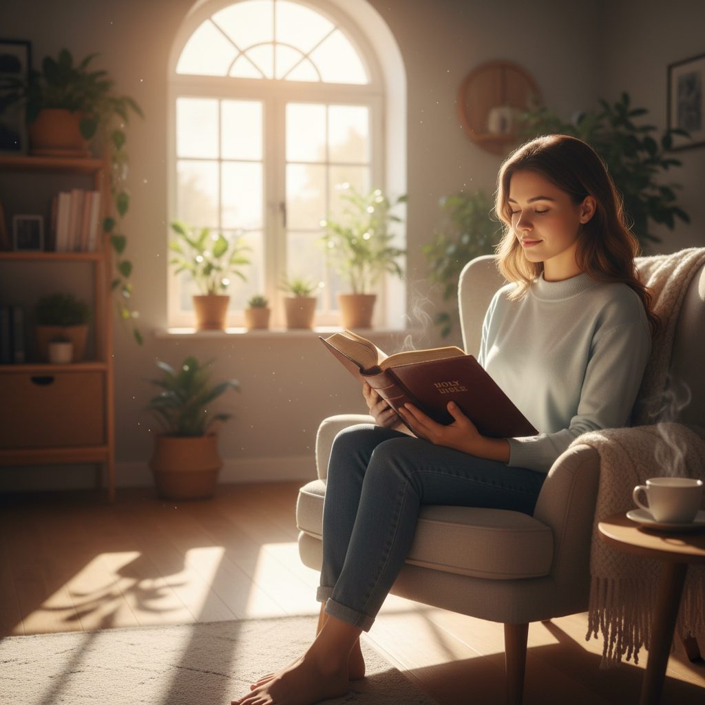 Renewing the Mind Through the Scripture of Christianity A person finds mental renewal by quietly reading the scripture of Christianity, the Holy Bible, in a peaceful, sunlit room.